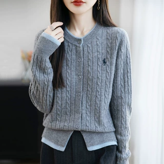 2026秋季款女士针织衫圆领开衫毛衣女拼色领系扣外套外贸厂家批发