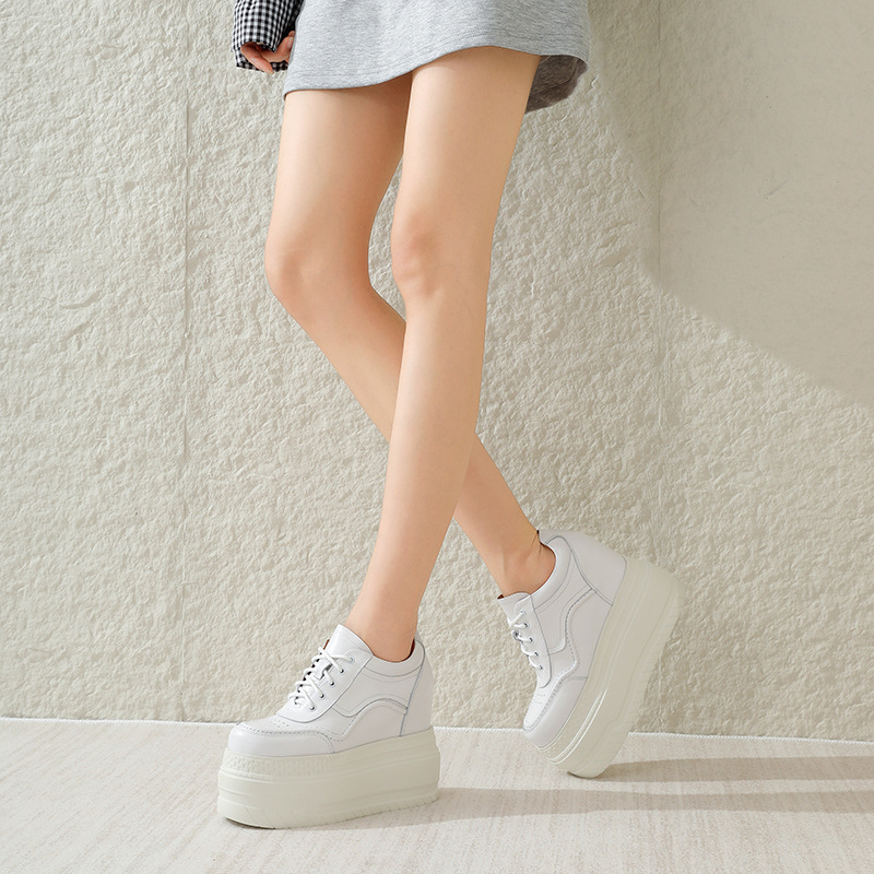 Giày trắng da thật tăng chiều cao 12cm, đế xuồng platform đa năng — Trắng đen-10