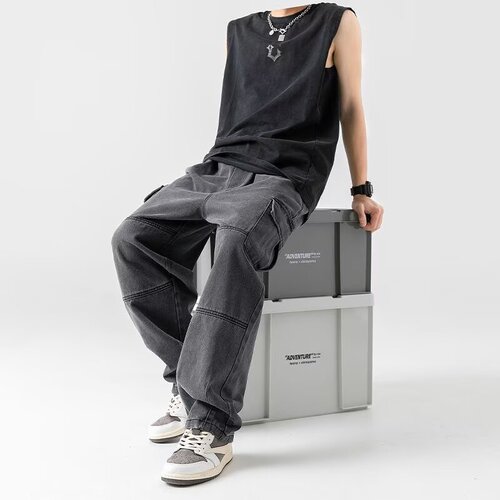 Japanese men's clothing double-layered pocket jeans for spring and autumn retro distressed work pants for men