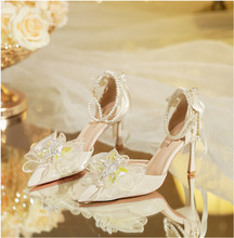 9777-12春夏季韓式時尚尖頭串珠花朵淺口細跟高跟單鞋洛麗塔婚鞋