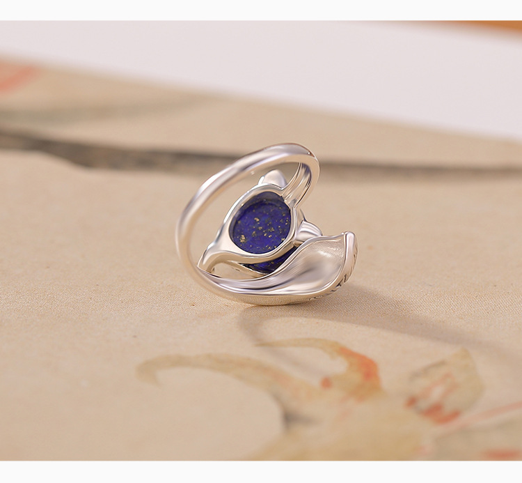 Nhẫn bạc S925 hình cáo đính đá Lapis Lazuli phong cách retro — Một mảnh chi tiết 3