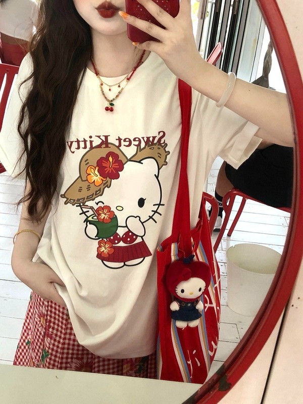 日本の夏の新しいハローキティプリント半袖Tシャツハローキティ純綿半袖Tシャツ婦人服|undefined