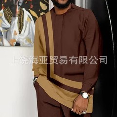 2025跨境欧美外贸新款民族风休闲高品质简约男士长袖T恤长裤套装