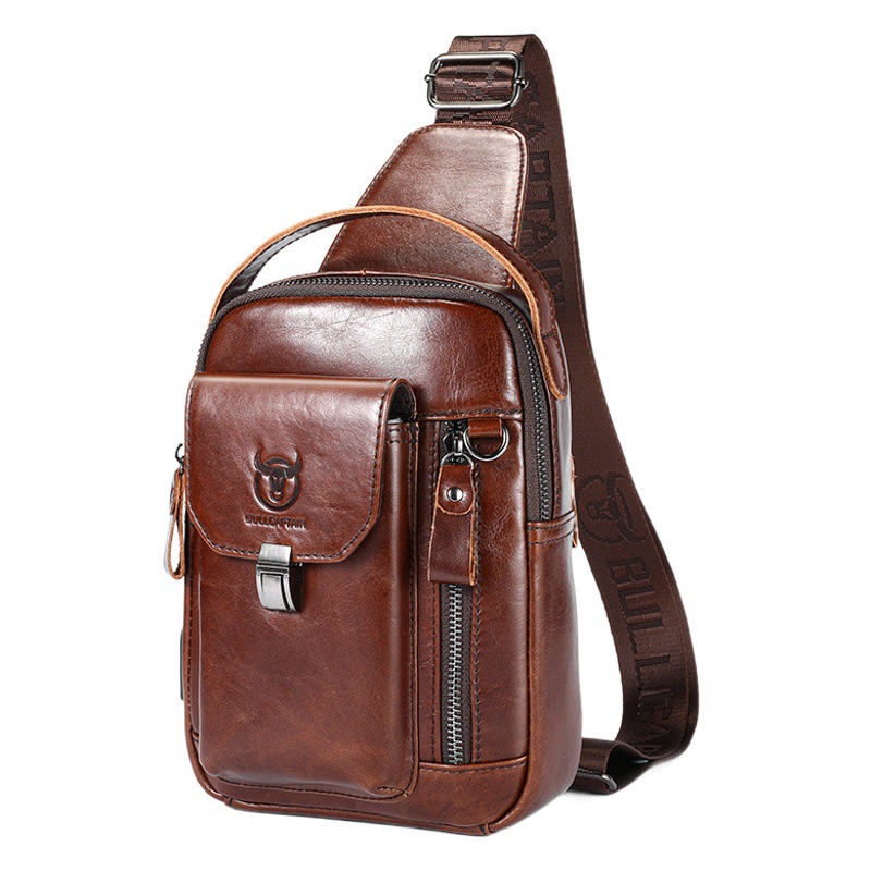 Captain Cow Large Capacity Genuine Leather Chest Bag Top Layer Cowhide Shoulder Crossbody Men's Portable Tablet iPad Casual Mobile Phone Bag