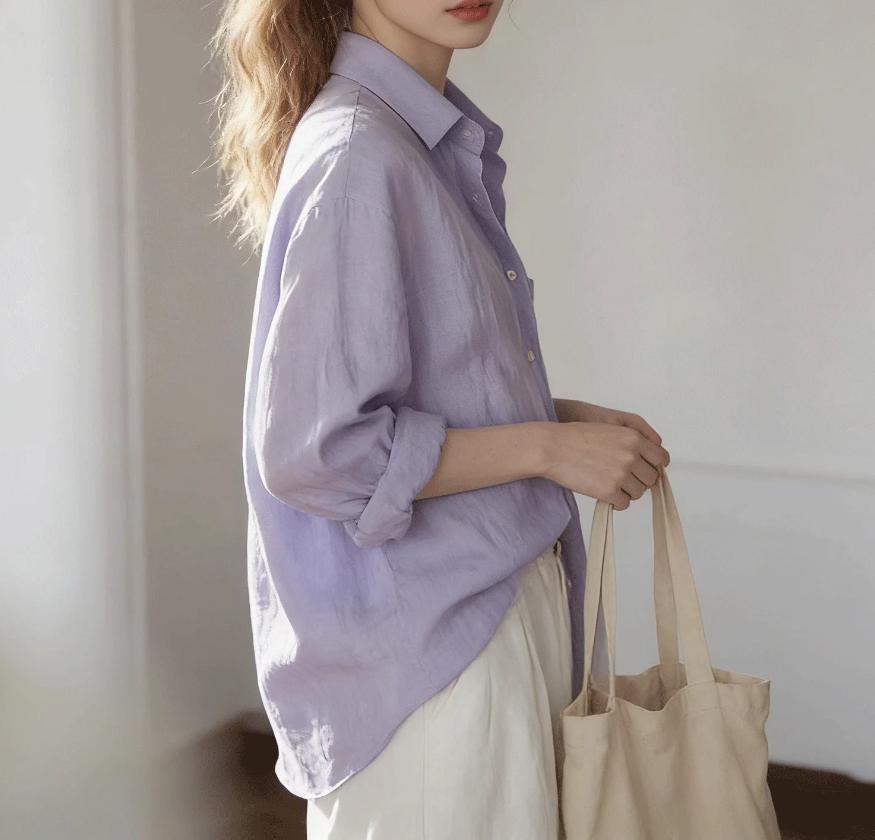 Áo sơ mi nữ tay dài phong cách nhẹ nhàng chất cotton linen rộng rãi — Màu tím nhạt chi tiết 2
