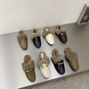 Women's plush shoes closed toe half slippers for outerwear 2023 new fashion British leather shoes slip-on loafers