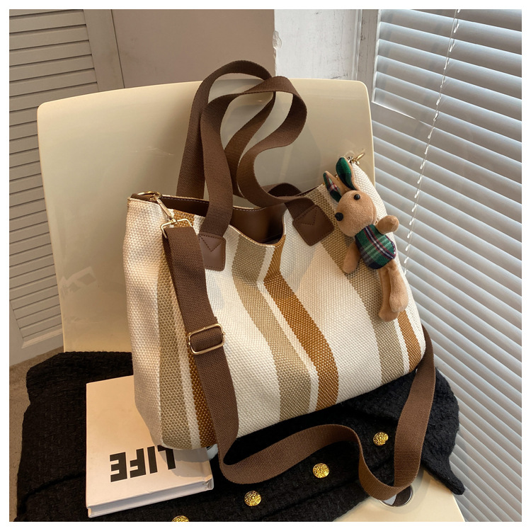 Women's Large Canvas Stripe Vintage Style Square Zipper Shoulder bag logo Tote bag logo Crossbody bag logo display picture 2