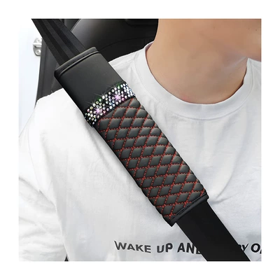 Seat belt shoulder pad Shoulder Cover Leather Diamond-Encrusted - black-red-line-2265