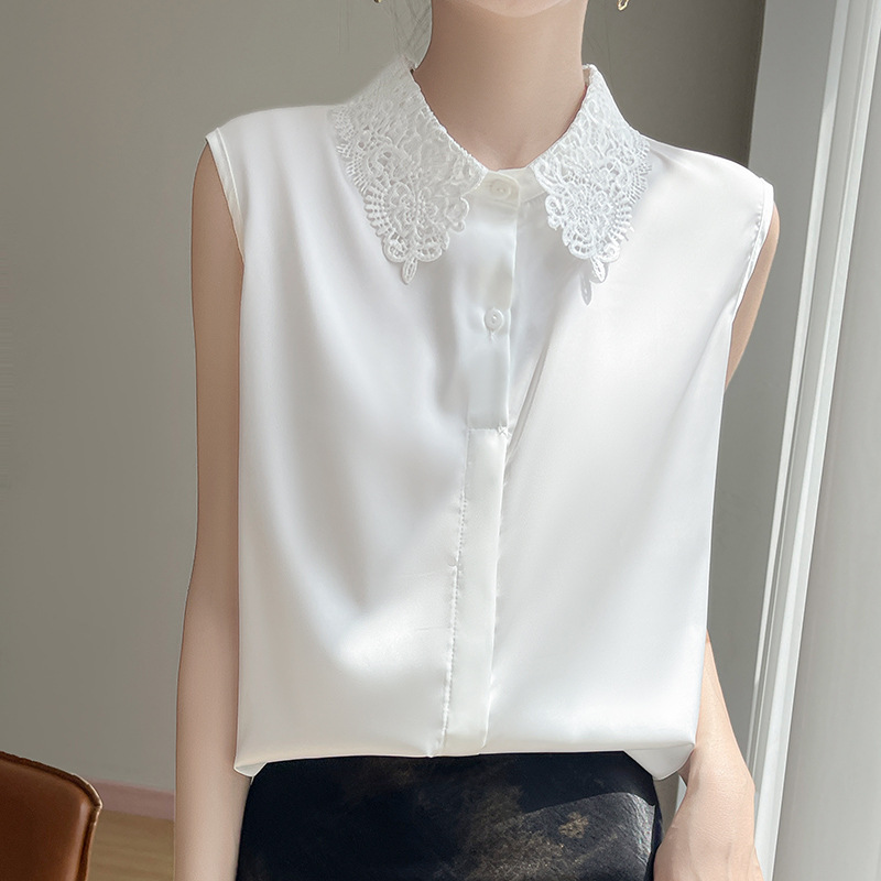 Lace Collar Base Layer Tank Top with Ruffled Stand-Up Collar, Layered with a French Lace Sleeveless Shirt and a Stylish T-Shirt Lace Collar Base Layer Tank Top with Ruffled Stand-Up Collar, Layered with a French Lace Sleeveless Shirt and a Stylish T-Shirt