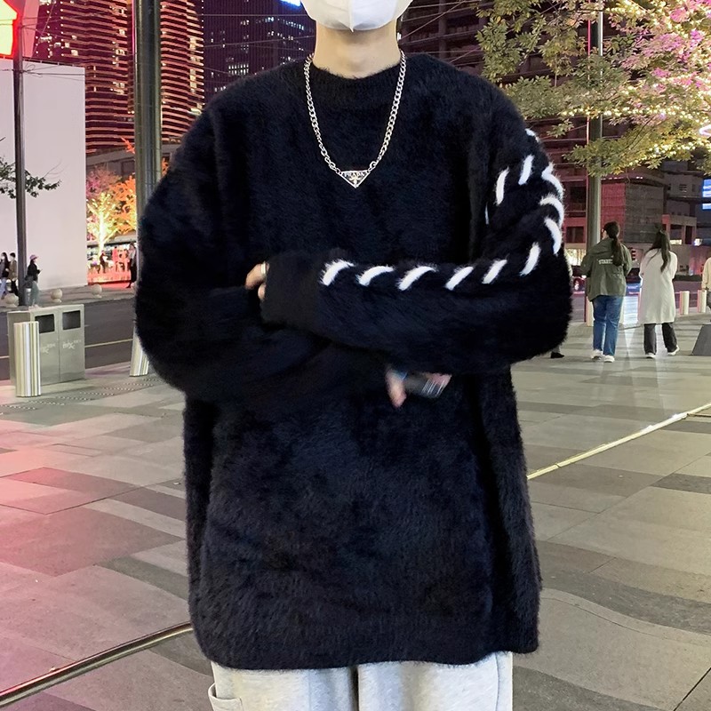 Otoño e invierno engrosado suéter hombre estilo coreano suelta camiseta de punto japonesa invierno nicho de estilo de Hong Kong ropa de hilo perezosa