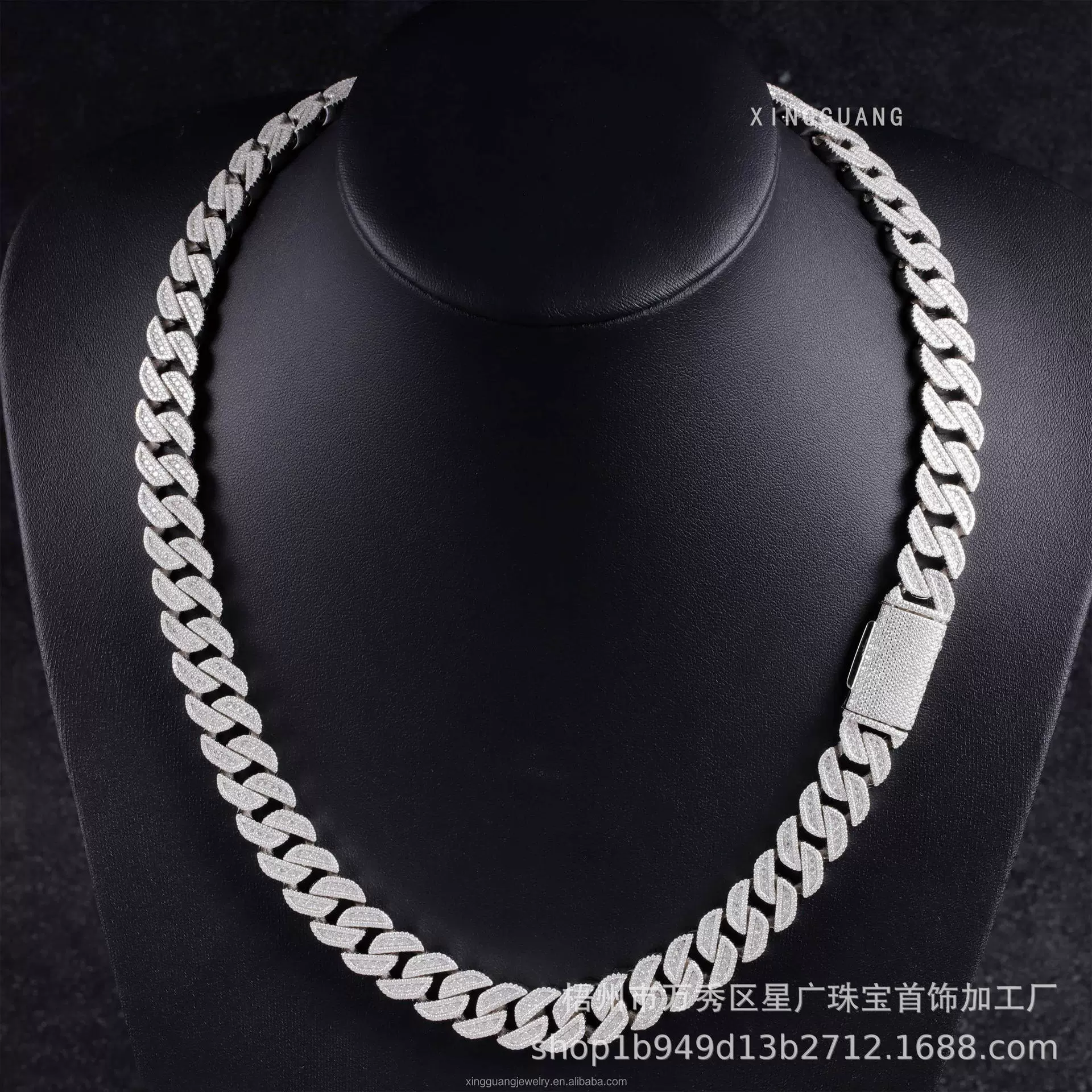 欧美跨境嘻哈男士饰品13mm镶钻凹版菱形古巴链项链批发