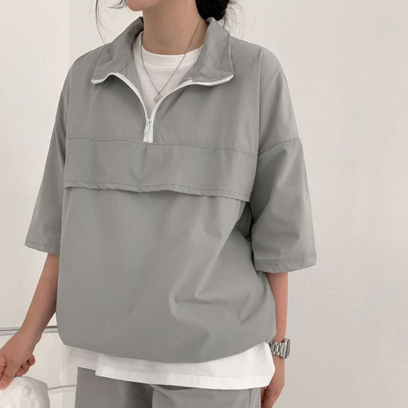スーツ女性のハイネックジッパー半袖ショーツ女性のツーピース夏の卸売カジュアルスポーツウェアルーズカップル|undefined