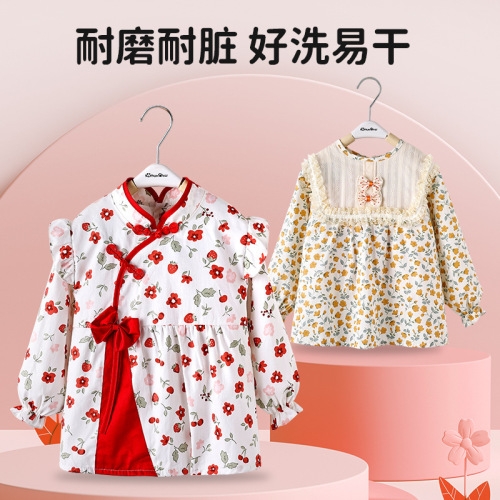 Children's Long-Sleeve Pure Cotton Overalls Direct Sale from Factory, Stylish for Girls, Baby Anti-Stain Protective Clothing, Eating Apron for Infants