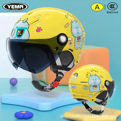 Motosiklet kaskı (dəbilqə), Kids and Baby Safety Helmet - four-seasons-lemon-yellow-little-dinosaur-dark-blue-short-mirror