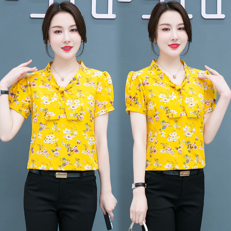 Camisa de gasa de manga corta para mujer verano estilo coreano hada reducción de edad floral top que cubre el vientre de las mujeres adelgazante elegante camisa pequeña de estilo occidental de todos los partidos