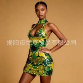 豪华手工闪闪亮片水钻性感V领短裙晚会派对舞台时装秀礼服青粽子