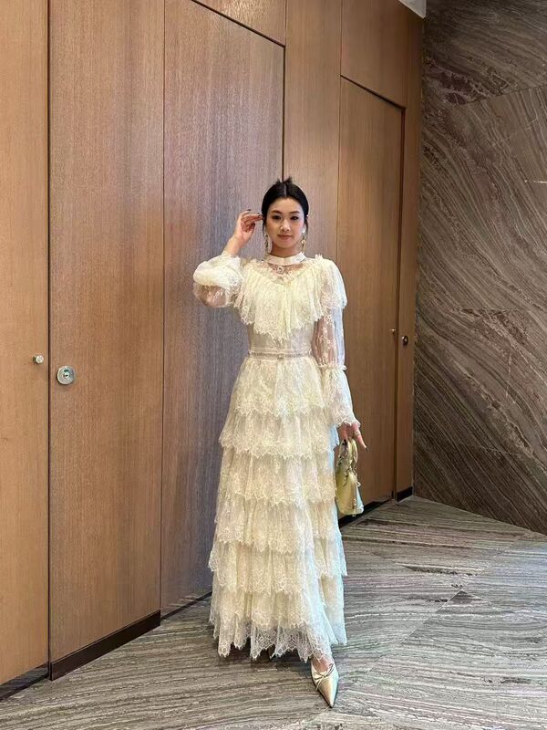 宴会晚装礼服裙长裙2025秋女喇叭袖网纱拼蕾丝绣花荷叶木耳连衣裙|undefined