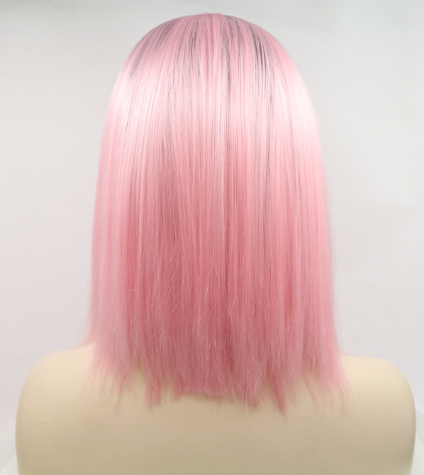 Cabello corto rosa, cabello recto, pelucina de fibra química de encaje frontal europea y americana LW0277