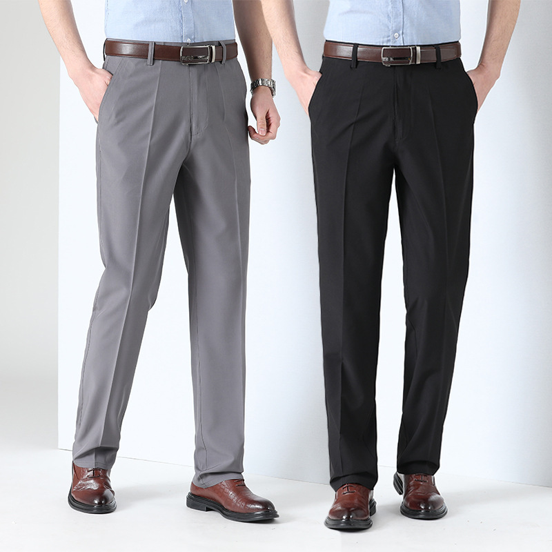 Men's business casual ice silk suit pants non-ironing summer thin middle-aged and elderly casual pants loose straight high waist deep crotch