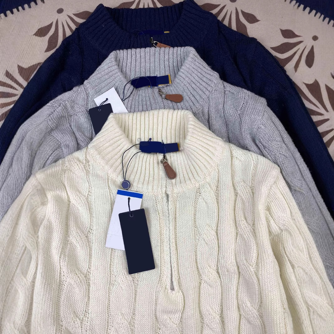 Real shot RL Ruff Pony Embroidered Knitwear Men's Autumn and Winter Vertical Collar Twist Couple Half Zipper Sweater Women