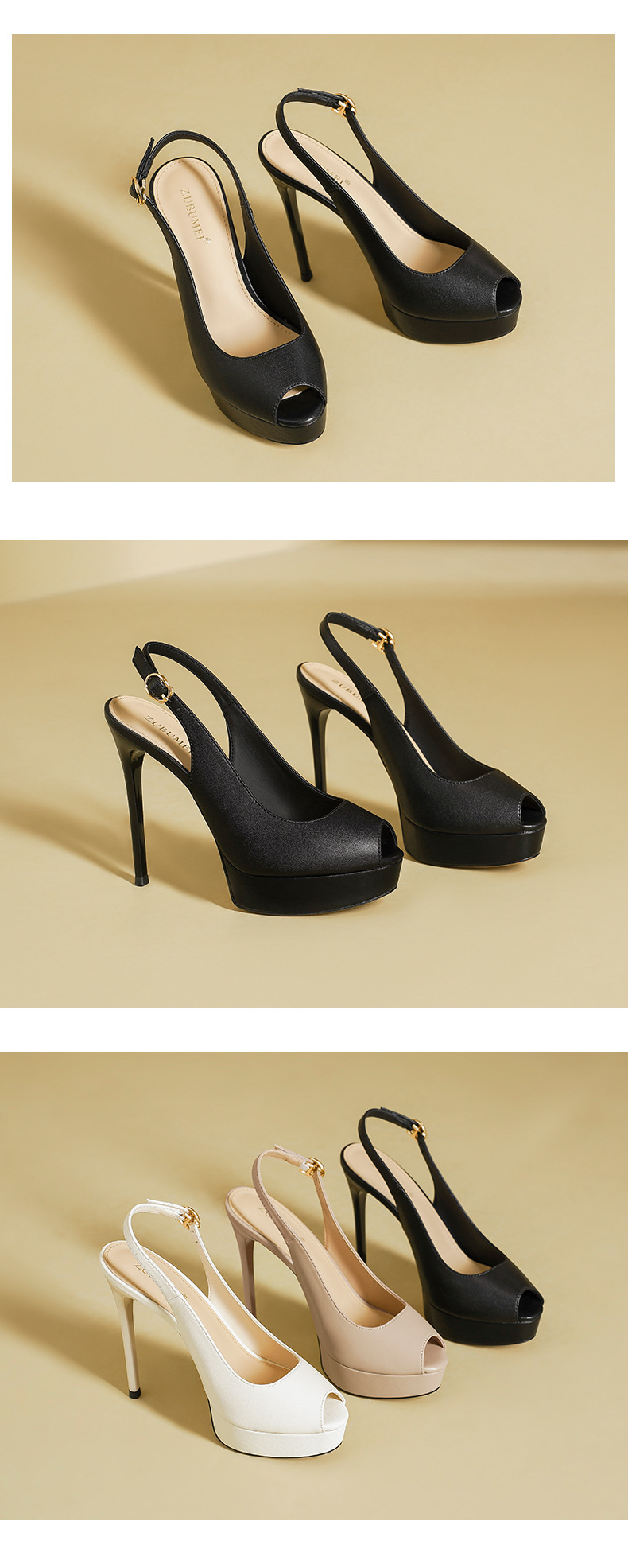 Sandal cao gót nữ mũi nhọn hở mũi, gót siêu cao, đế chống thấm nước — Màu đen chi tiết 11