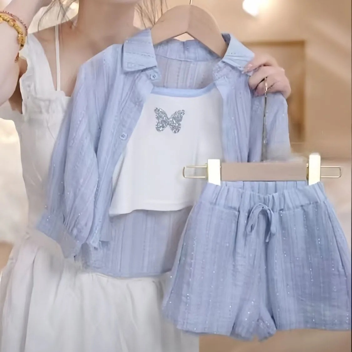 Girls Summer Sun Protection Suit 2025 New Thin Shirt, Stylish Shorts Three-Piece Set Princess Style Super Cute Ins