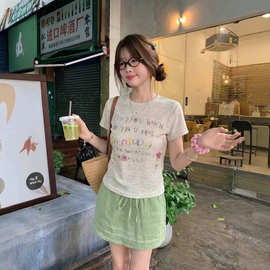 【广州150克彩虹麻】薄款透气趣味涂鸦彩纱上衣女夏修身印花短袖t