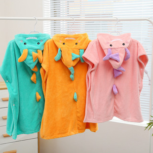 Wholesale Coral Velvet Dinosaur Bath Towel for Baby Bathing, Wearable and Wrapable Hooded Wrap, Absorbent Cartoon Bathrobe, Soft