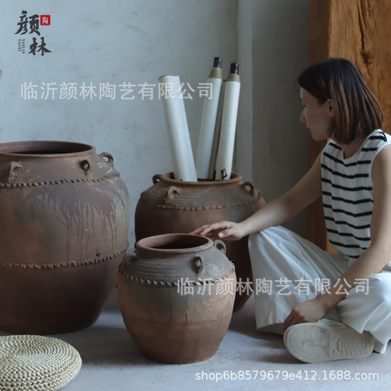 Pot de cerámica de tierra con gran estómago con orejas pot antiguo Lotus pot de suelo maceta de flores de cerámica gruesa adornos de decoración de habitaciones modelo de vivienda