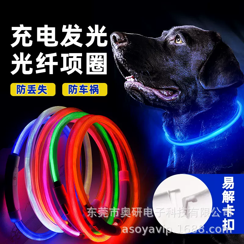 严选USB充电发光狗狗项圈LED宠物夜晚遛狗项圈狗铭牌夜间工厂直供