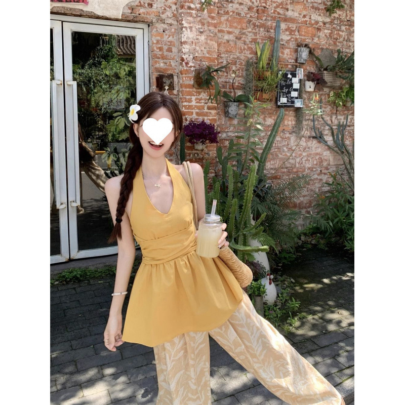 純粋な欲望スタイルスーツ気質スリム V ネックホルターベストシャツシャツプリントワイドレッグパンツ女性の夏の 2 点セット|undefined