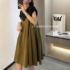太ったmmの特大サイズの300斤のヨーロッパ商品のノースリーブのサスペンダーのスカートの女性の夏のカジュアルな百のしわの中の長いタイプの2つのワンピース
