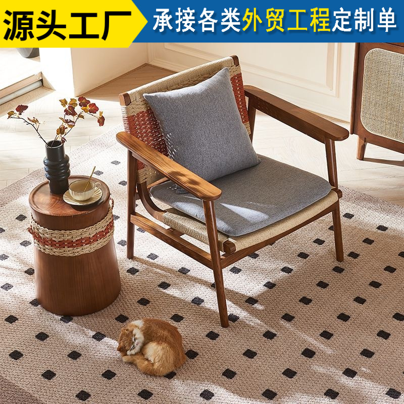 Modern Minimalist Sofa Chair Nordic Solid Wood Hemp Rope Woven Leisure Chair Home Balcony Single Lazy Backrest Recliner