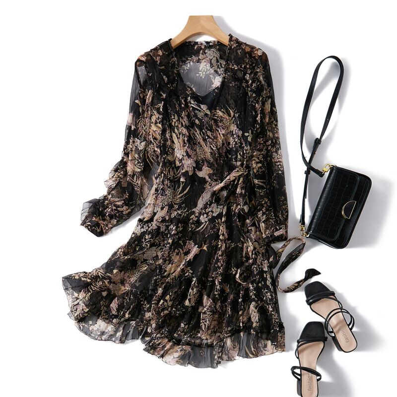 Long Sleeve Silk Dress Mulberry Silk Black Digital Print French Two-Piece Dress 28063 Long Sleeve Silk Dress Mulberry Silk Black Digital Print French Two-Piece Dress 28063