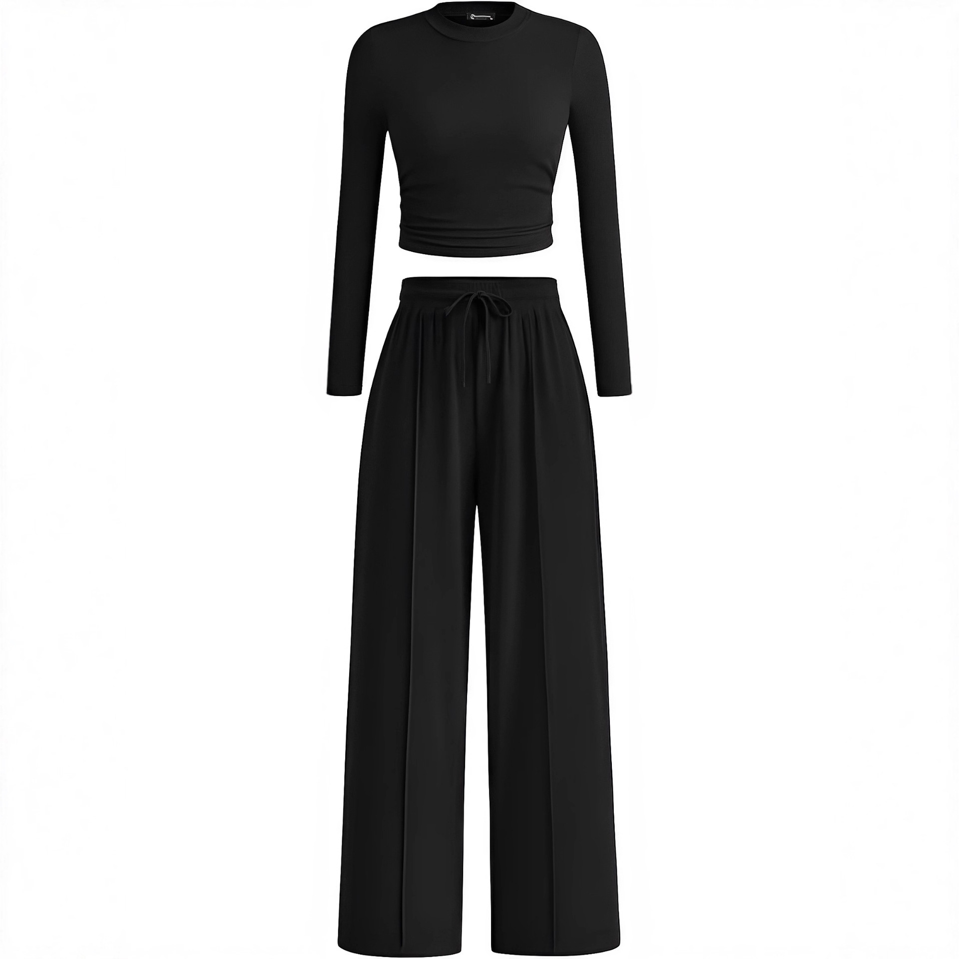 European American Cross-border Solid Color Ribbed Two-piece Set: Slim-fit Short Long-sleeve Top And Drawstring_ecoleips.com
