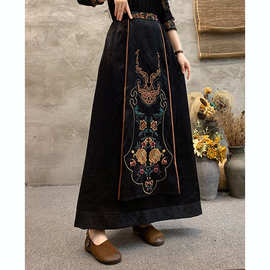 2023秋季新款民族风复古缎面提花半身裙拼接重工刺绣中长A字裙女