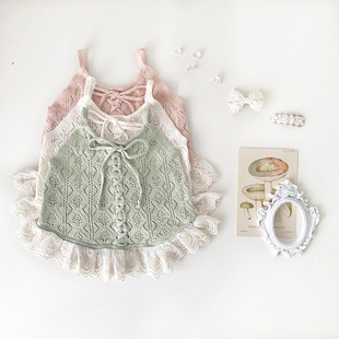 Cutemily Summer Baby Girl's Knitted Vest Girl's Hollow Cotton Lace Contrast Color Design Thin Sling Back