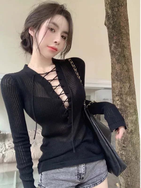 Сексуальная вязаная кофта с длинным рукавом, брюки, V-образный вырез
