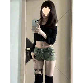 低腰美式短裤辣妹紧身牛仔短裤女复古色春夏新款百搭打底热短裤