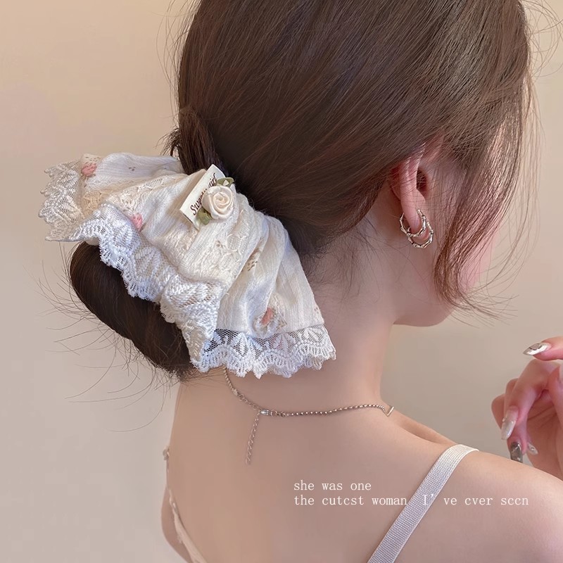 海棠春色~粉色碎花蝴蝶结蕾丝方巾大肠发圈女韩系大号头绳发饰|undefined