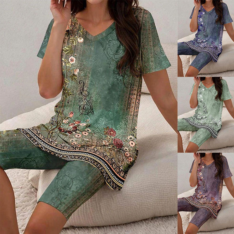 2024 New Summer Women's T-Shirt Shorts Set Floral 3D Printing Casual V Neck Two-Piece Set