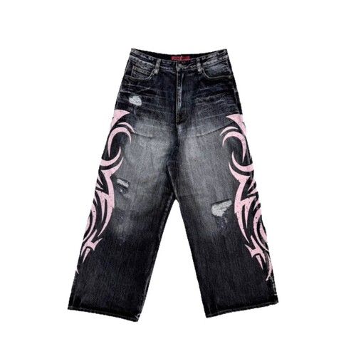 Euro-American Cross-border American Retro Print Denim Straight Leg Pants Street Loose Floor-Length Pants Unisex Pants Trendy