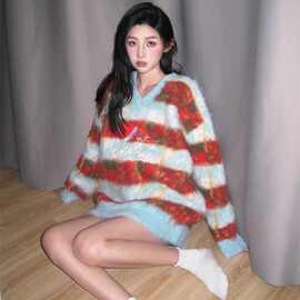 美式古着条纹仿水貂毛衣女2024新款爆款秋冬季慵懒风外穿针织上衣