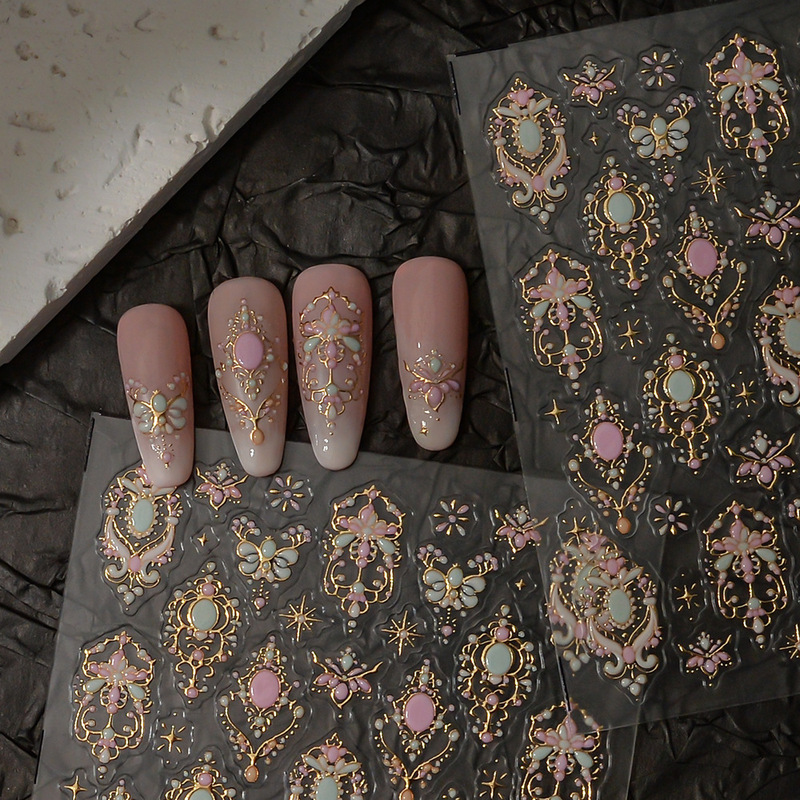 Retro Palace Style Enamel Printed Nail Art Stickers, Hot Stamping Cut Out Bohemian Nail Decorations, Face Makeup Stickers