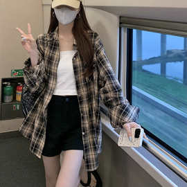 美式小众翻领格子衬衫女2024秋季新款宽松慵懒风衬衣外套防晒上衣