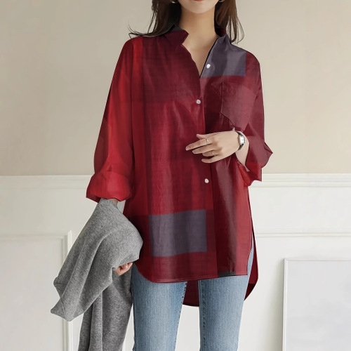 Grid pattern button-down shirt, women's casual long-sleeve stand-up collar blouses, spring and autumn wear