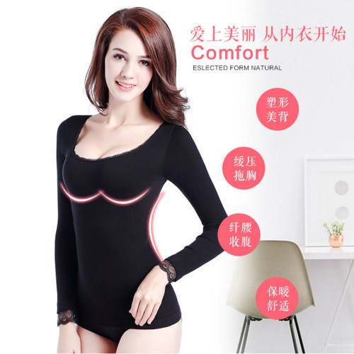 Autumn clothing for women  autumn and winter new style can be worn outside the bottoming lace low-neck women's thermal underwear body-building long-sleeved tops