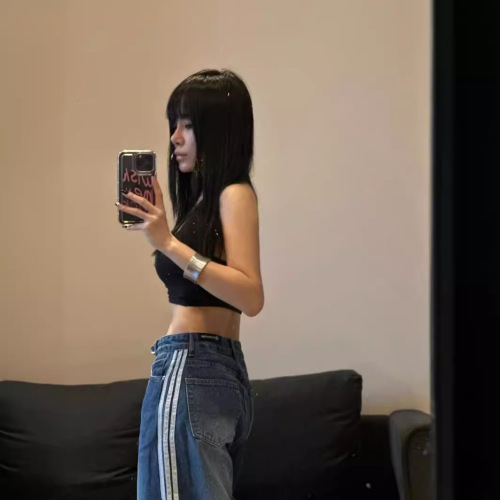 American Retro Side Striped Washed Denim Jeans for Women Spring High-Waisted Straight Leg Loose Slimming Floor-Long Pants