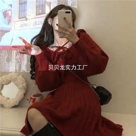 学生韩版美女茶话会~红色针织连衣裙女收腰显瘦修身方领字裙