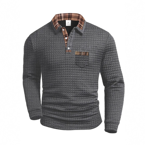 Spring and autumn new style European and American men's casual solid color plaid parquet pocket lapel long-sleeved sports polo shirt men